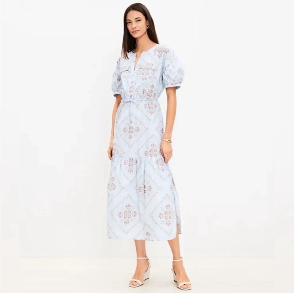 LOFT Light Blue Floral Midi Dress
